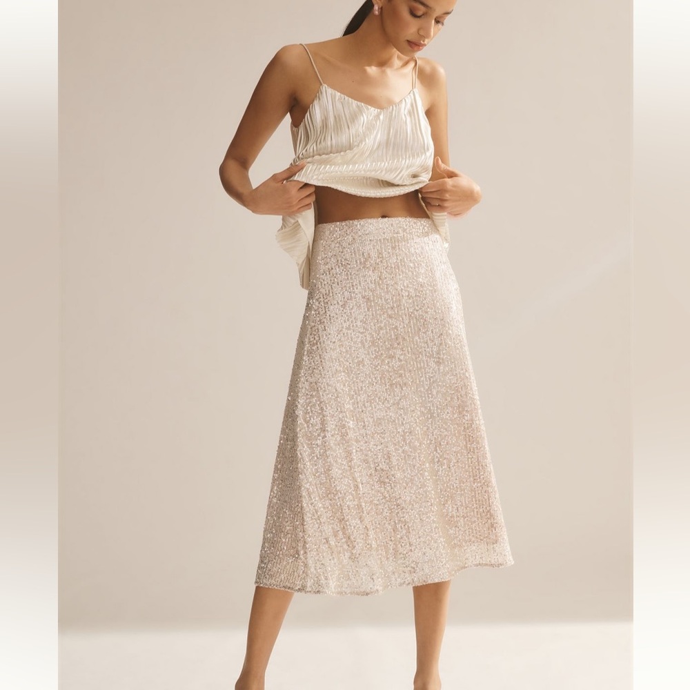 🪩 Sunday in Brooklyn anthropologie a line sequin midi skirt champagne NWT 1X